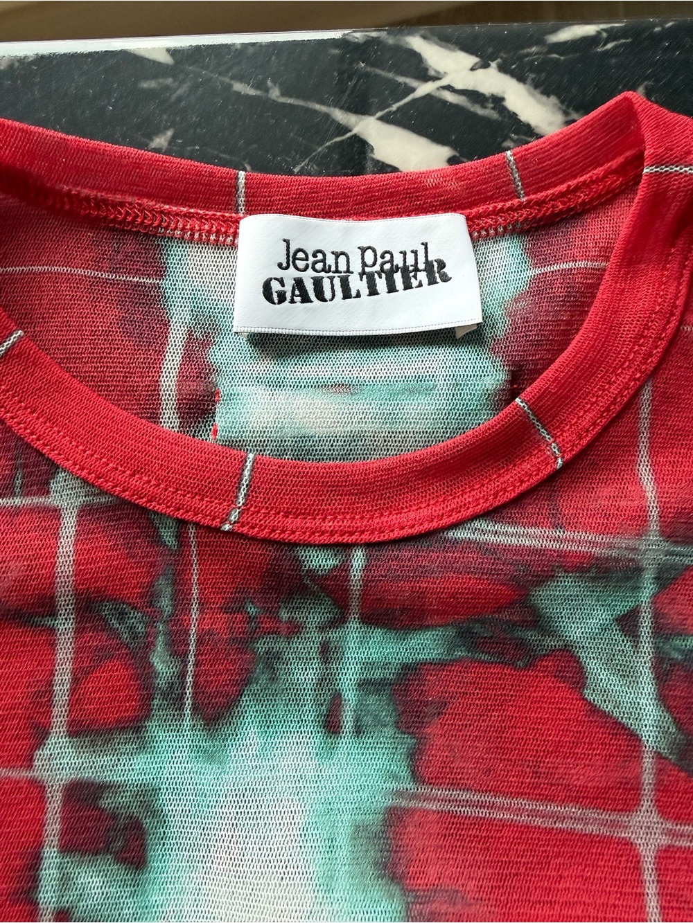 Jean Paul Gaultier Red and Teal Graphic Mesh Dress - Picture 4 of 8